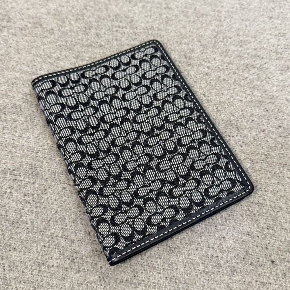 COACH Passport Cover Black Gray Leather Canvas Monogram 5x3.5 Travel Classic